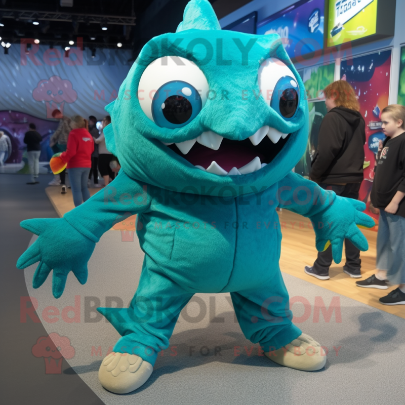 Teal Piranha mascot costume character dressed with a Long Sleeve Tee and Shoe laces Teal Piranha mascot costume character dressed with a Long Sleeve Tee and Shoe laces