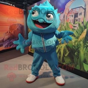 Teal Piranha mascot costume character dressed with a Long Sleeve Tee and Shoe laces
