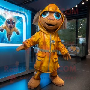 Rust Gyro mascot costume character dressed with a Raincoat and Bracelets