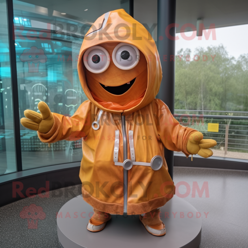 Rust Gyro mascot costume character dressed with a Raincoat and Bracelets Rust Gyro mascot costume character dressed with a Raincoat and Bracelets