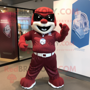 Maroon Ice mascot costume character dressed with a Rash Guard and Necklaces