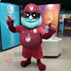 Maroon Ice mascot costume character dressed with a Rash Guard and Necklaces