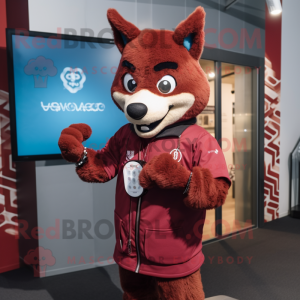 Maroon Dingo mascot costume character dressed with a Cover-up and Smartwatches