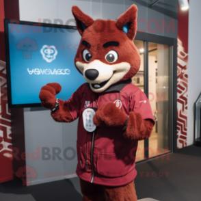 Maroon Dingo mascot costume character dressed with a Cover-up and Smartwatches