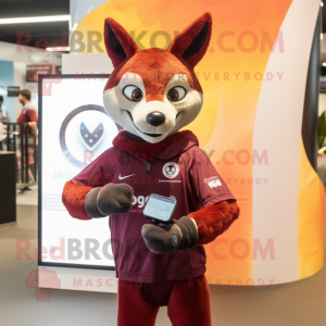 Maroon Dingo mascot costume character dressed with a Cover-up and Smartwatches