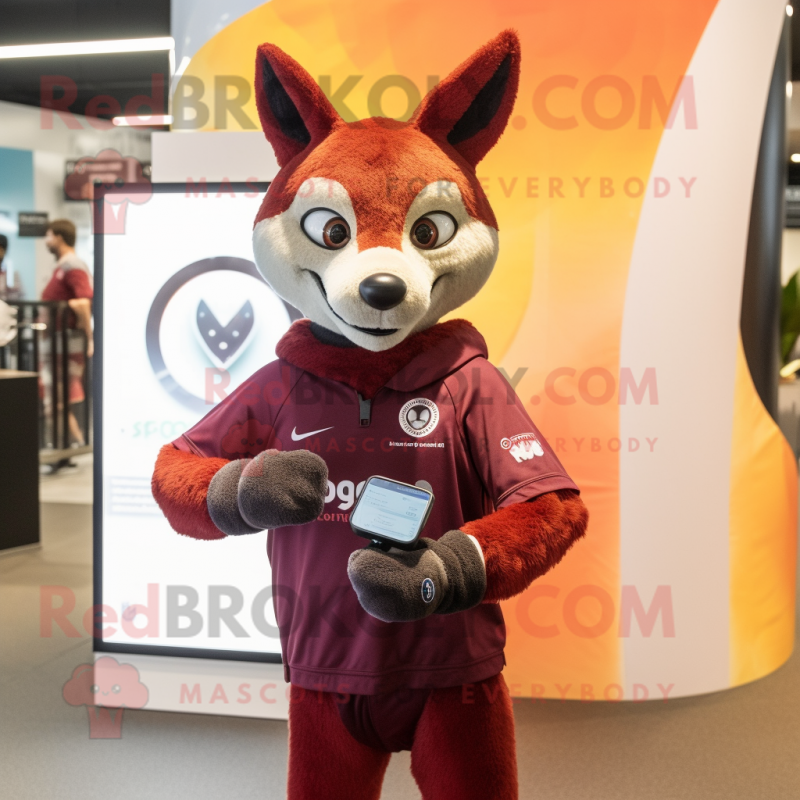 Maroon Dingo mascot costume character dressed with a Cover-up and Smartwatches Maroon Dingo mascot costume character dressed with a Cover-up and Smartwatches