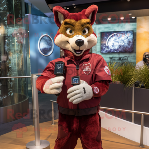 Maroon Dingo mascot costume character dressed with a Cover-up and Smartwatches