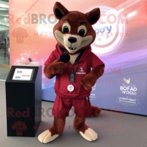 Maroon Dingo mascot costume character dressed with a Cover-up and Smartwatches