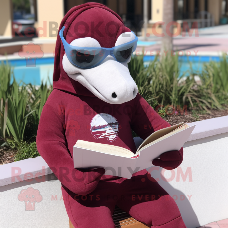 Maroon Dolphin mascot costume character dressed with a Sweater and Reading glasses