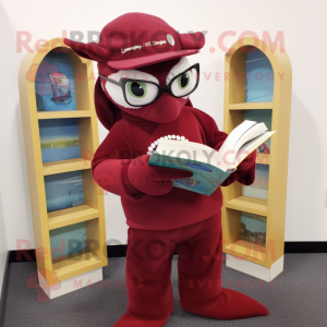 Maroon Dolphin mascot costume character dressed with a Sweater and Reading glasses