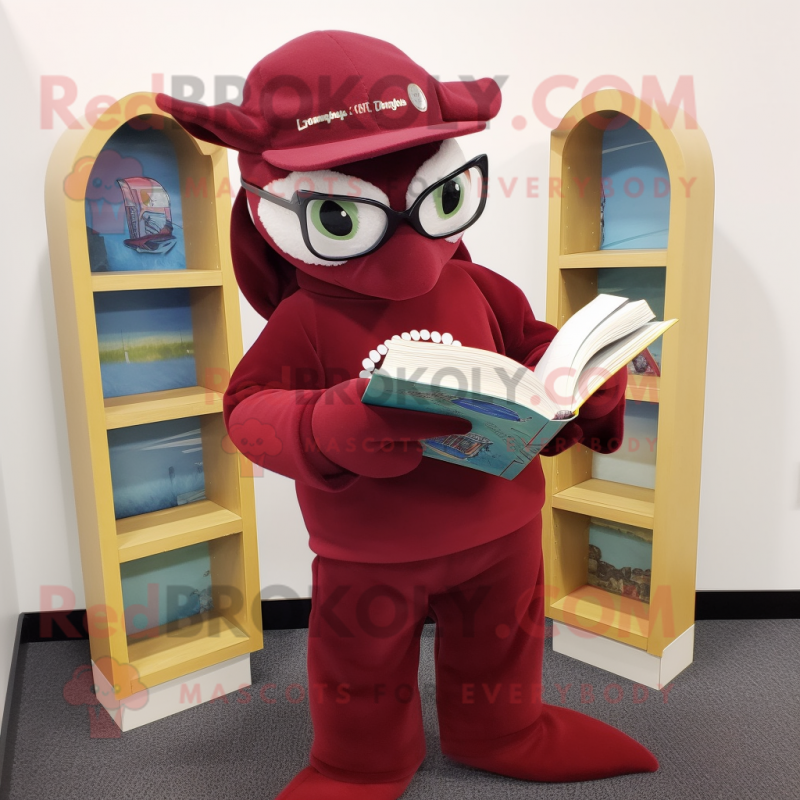 Maroon Dolphin mascot costume character dressed with a Sweater and Reading glasses Maroon Dolphin mascot costume character dressed with a Sweater and Reading glasses