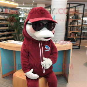 Maroon Dolphin mascot costume character dressed with a Sweater and Reading glasses