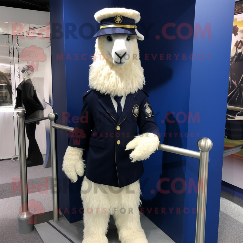 Navy Angora Goat mascot costume character dressed with a Suit and Scarf clips Navy Angora Goat mascot costume character dressed with a Suit and Scarf clips