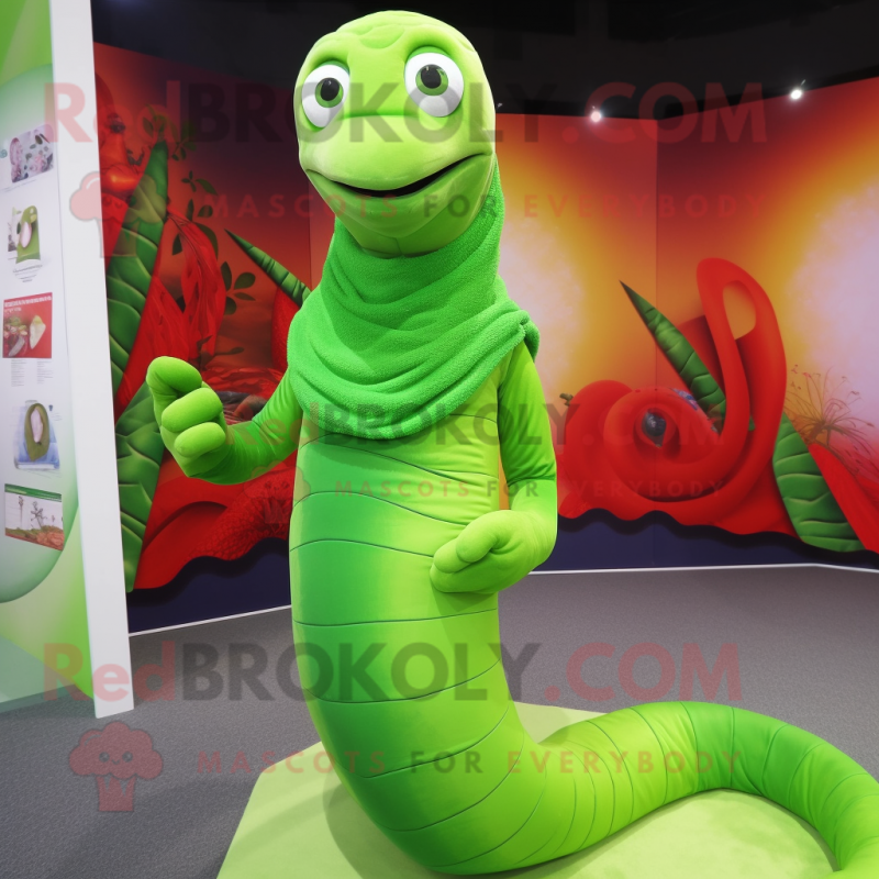 Lime Green Snake mascot costume character dressed with a Bodysuit and Shawls