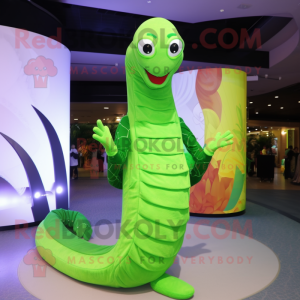 Lime Green Snake mascot costume character dressed with a Bodysuit and Shawls