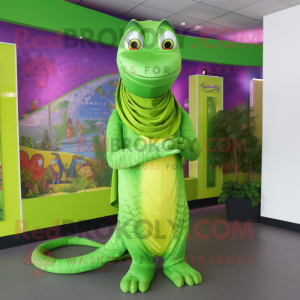 Lime Green Snake mascot costume character dressed with a Bodysuit and Shawls