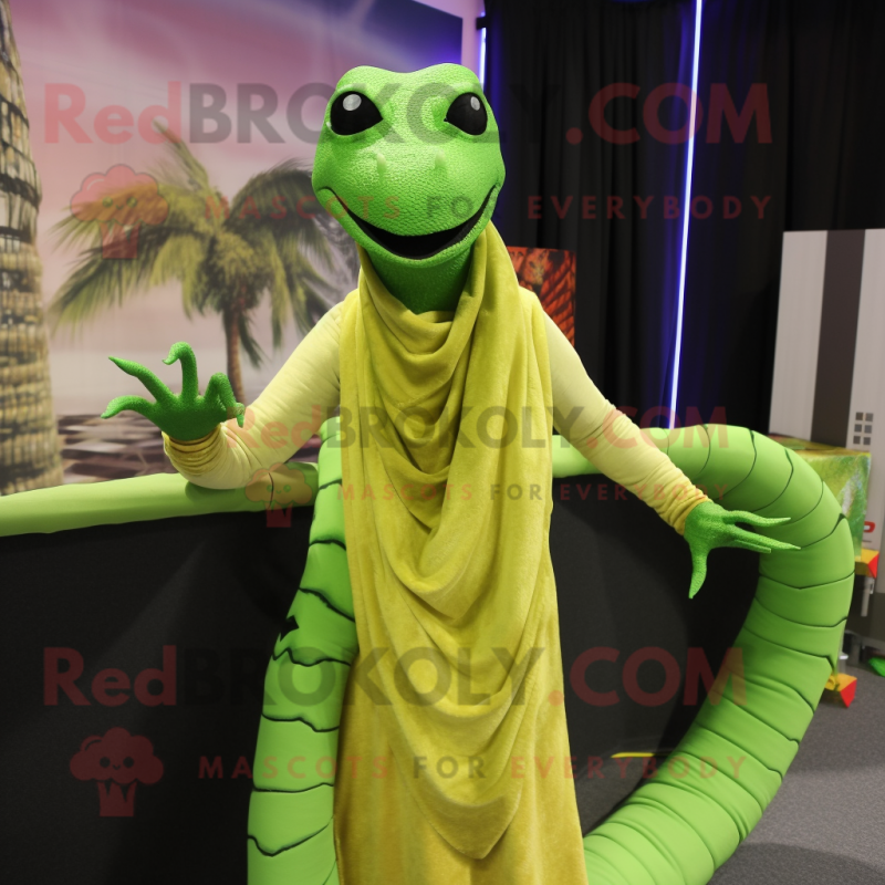 Lime Green Snake mascot costume character dressed with a Bodysuit and Shawls