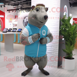 Gray Capybara mascot costume character dressed with a T-Shirt and Bracelet watches