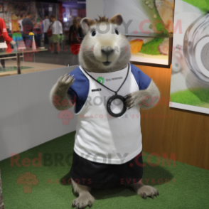 Gray Capybara mascot costume character dressed with a T-Shirt and Bracelet watches