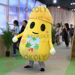 Yellow Radish mascot costume character dressed with a Button-Up Shirt and Backpacks
