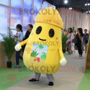 Yellow Radish mascot costume character dressed with a Button-Up Shirt and Backpacks