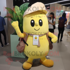 Yellow Radish mascot costume character dressed with a Button-Up Shirt and Backpacks