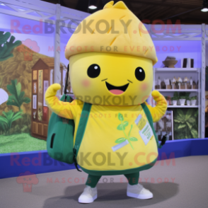 Yellow Radish mascot costume character dressed with a Button-Up Shirt and Backpacks