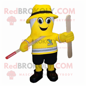 Lemon Yellow Ice Hockey Stick mascot costume character dressed with a Blouse and Caps