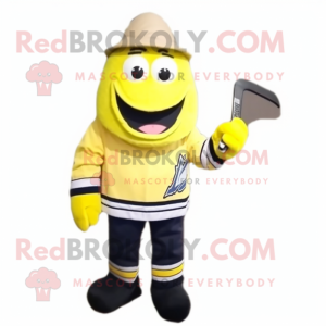 Lemon Yellow Ice Hockey Stick mascot costume character dressed with a Blouse and Caps