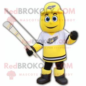 Lemon Yellow Ice Hockey Stick mascot costume character dressed with a Blouse and Caps