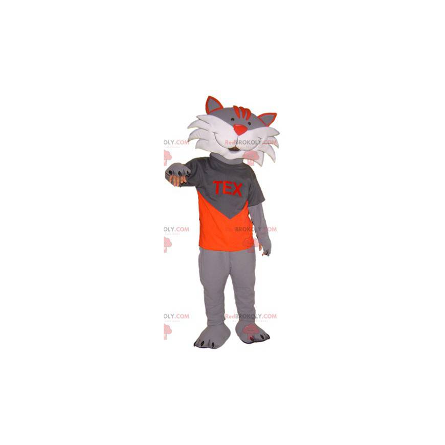 Mascote de gato cinza e branco. Mascote tex - Redbrokoly.com