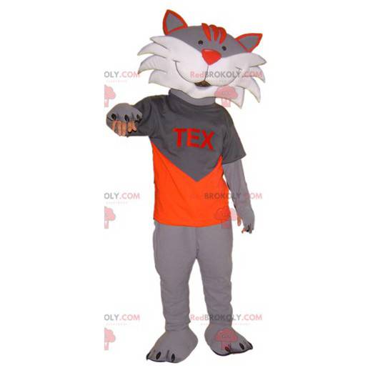 Grå och vit kattmaskot. Tex maskot - Redbrokoly.com