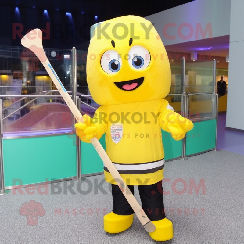 Lemon Yellow Ice Hockey Stick mascot costume character dressed with a Blouse and Caps