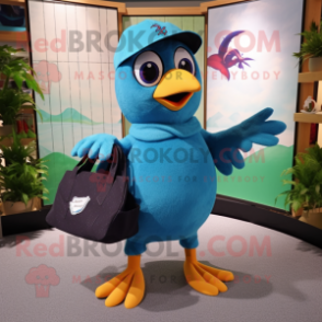 Cyan Blackbird mascot costume character dressed with a Bermuda Shorts and Tote bags