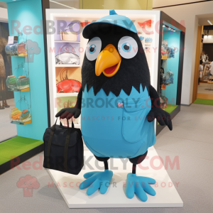 Cyan Blackbird mascot costume character dressed with a Bermuda Shorts and Tote bags