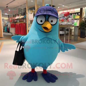 Cyan Blackbird mascot costume character dressed with a Bermuda Shorts and Tote bags