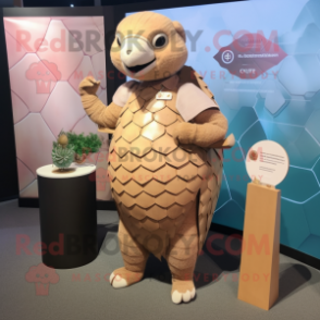 Peach Pangolin mascot costume character dressed with a Sheath Dress and Lapel pins