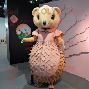 Peach Pangolin mascot costume character dressed with a Sheath Dress and Lapel pins