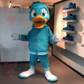 Teal Geese mascot costume character dressed with a Hoodie and Shoe laces