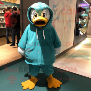 Teal Geese mascot costume character dressed with a Hoodie and Shoe laces