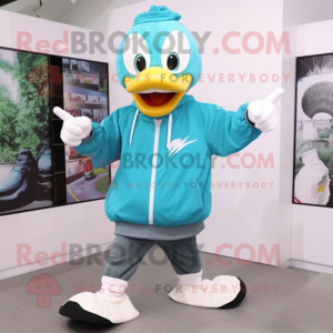 Teal Geese mascot costume character dressed with a Hoodie and Shoe laces