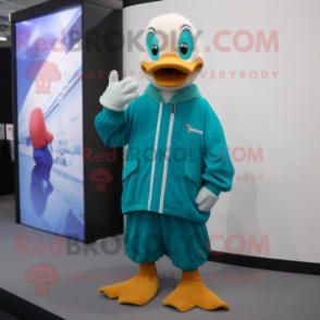 Teal Geese mascot costume character dressed with a Hoodie and Shoe laces