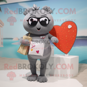 Gray Love Letter mascot costume character dressed with a One-Piece Swimsuit and Handbags