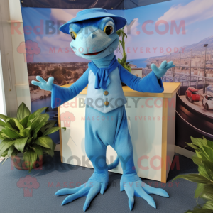 Sky Blue Lizard mascot costume character dressed with a Culottes and Berets