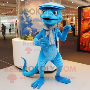Sky Blue Lizard mascot costume character dressed with a Culottes and Berets
