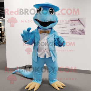 Sky Blue Lizard mascot costume character dressed with a Culottes and Berets