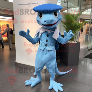 Sky Blue Lizard mascot costume character dressed with a Culottes and Berets