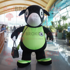 Lime Green Killer Whale mascot costume character dressed with a Overalls and Handbags