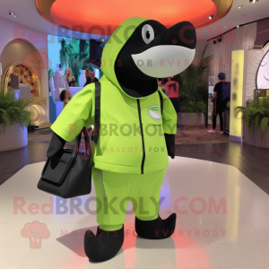 Lime Green Killer Whale mascot costume character dressed with a Overalls and Handbags