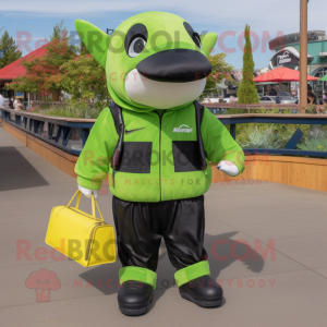 Lime Green Killer Whale mascot costume character dressed with a Overalls and Handbags